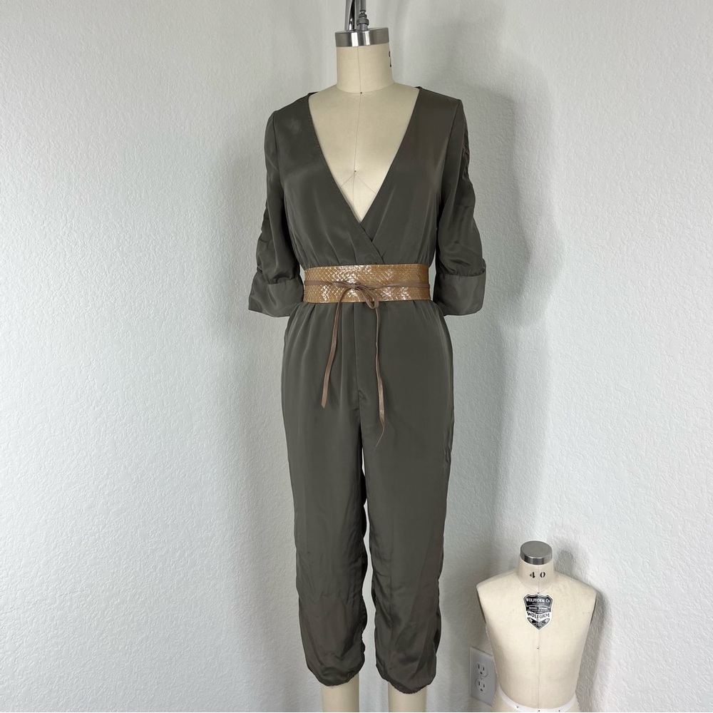 UO Pins and Needles Faux Wrap V Plunge Jumpsuit